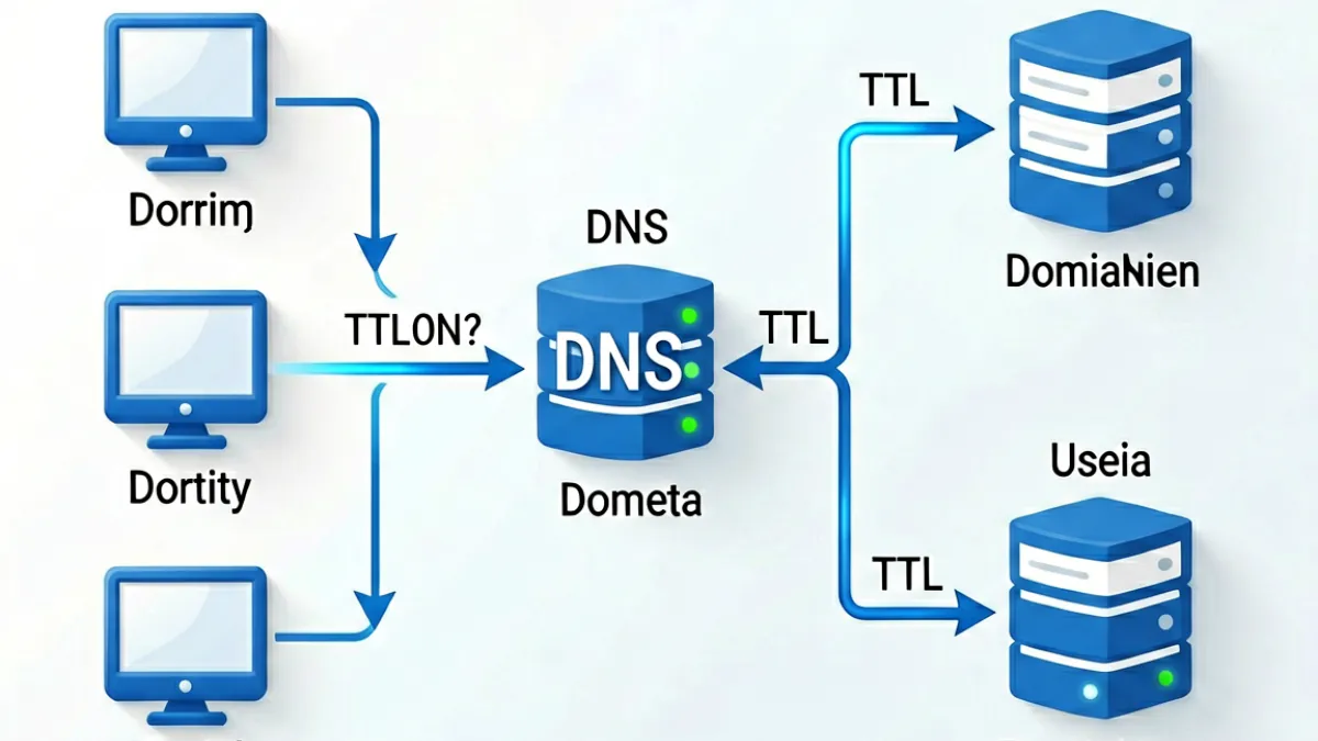 展示域名切换原理示意图，DNS解析路径与备用地址分发机制的技术说明图解